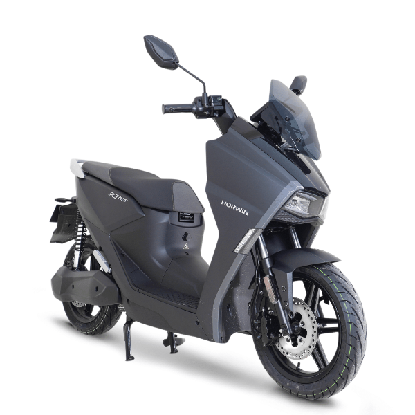 Scooter électrique Horwin SK3 Plus gris en vue latérale, design moderne et sportif sur fond neutre