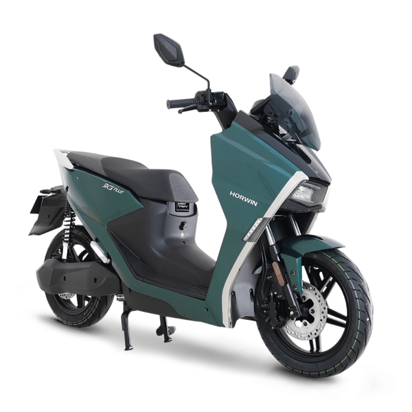 Scooter électrique Horwin SK3 Plus en vue latérale vert foncé, design moderne et sportif