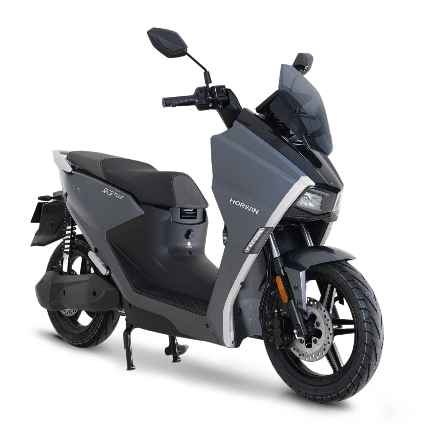 Scooter électrique Horwin SK3 Plus en vue latérale gris et blanc , design moderne et sportif sur fond neutre