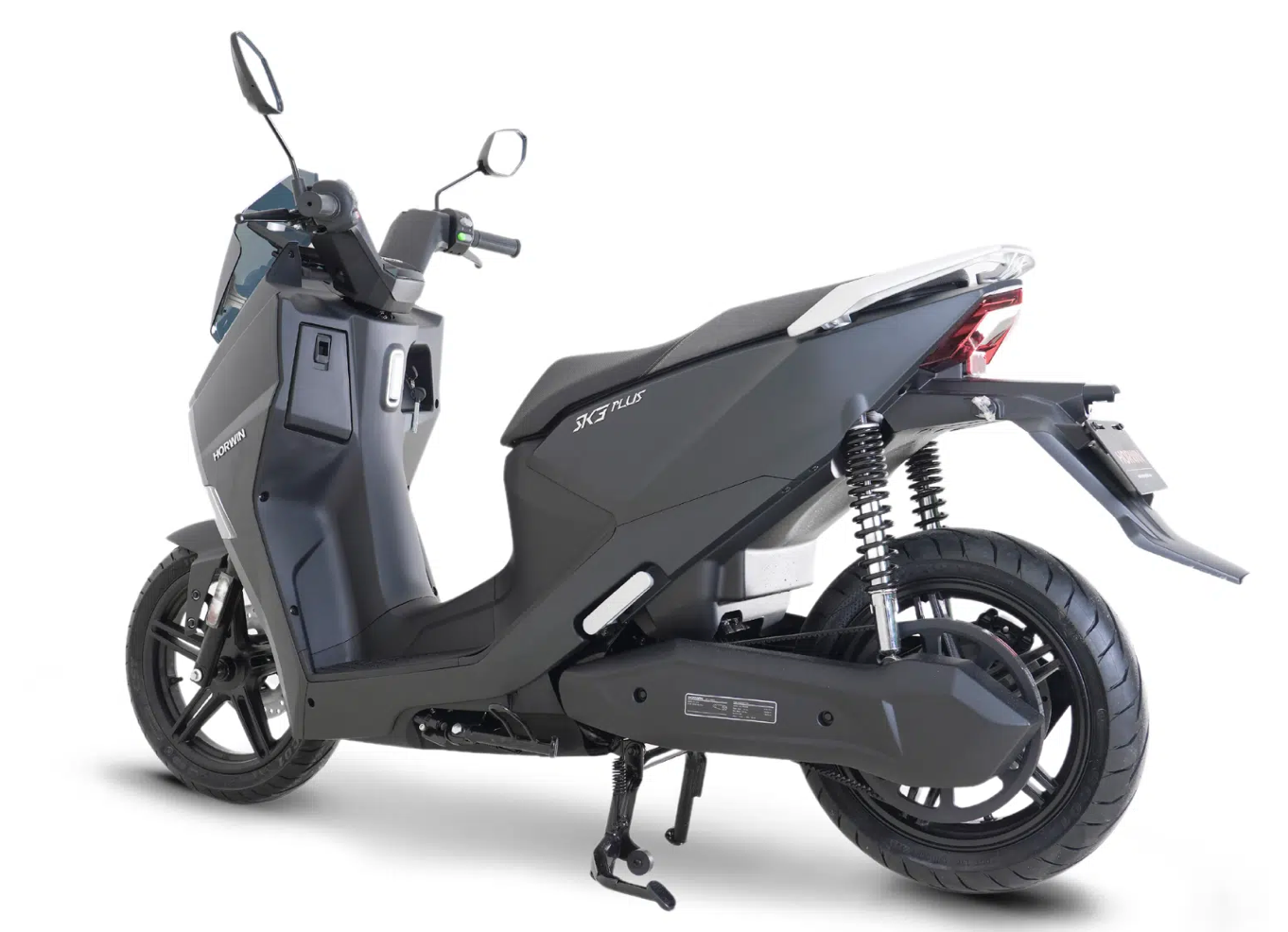 Scooter électrique Horwin SK3 Plus noir en vue arrière, design moderne et sportif sur fond neutre