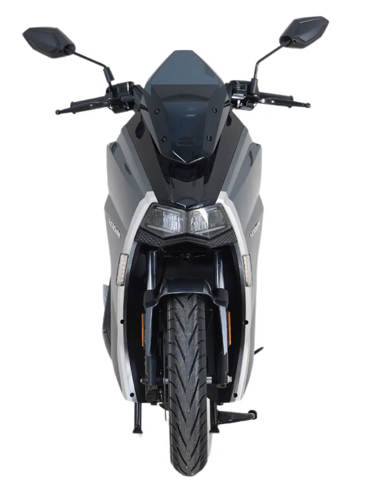 Scooter électrique Horwin SK3 Plus gris en vue avant, design moderne et sportif sur fond neutre