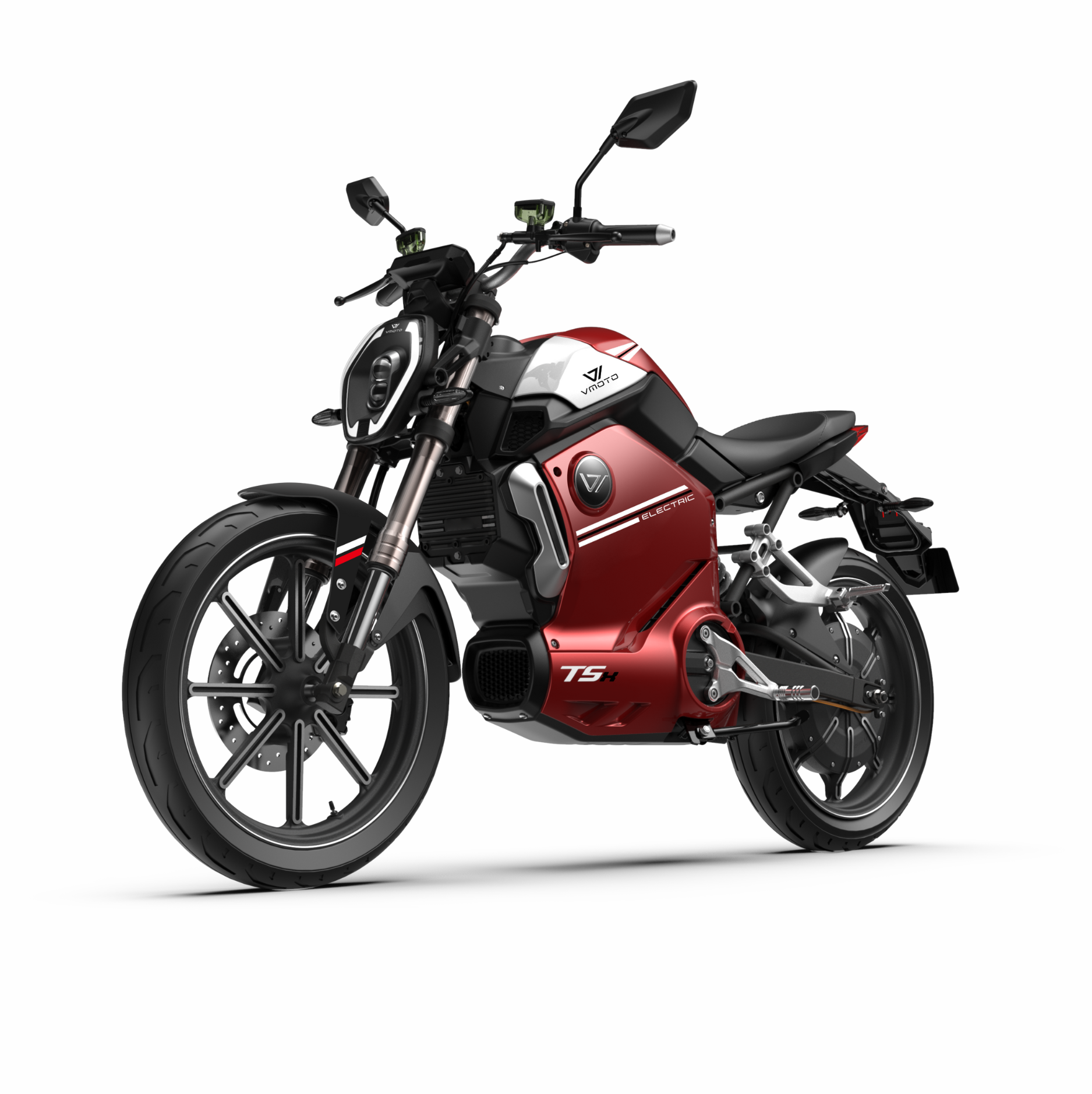 Moto électrique Tsx rouge 50 cm³ vue avant gauche, modèle haut de gamme pour trajet urbain et périurbain à Lille