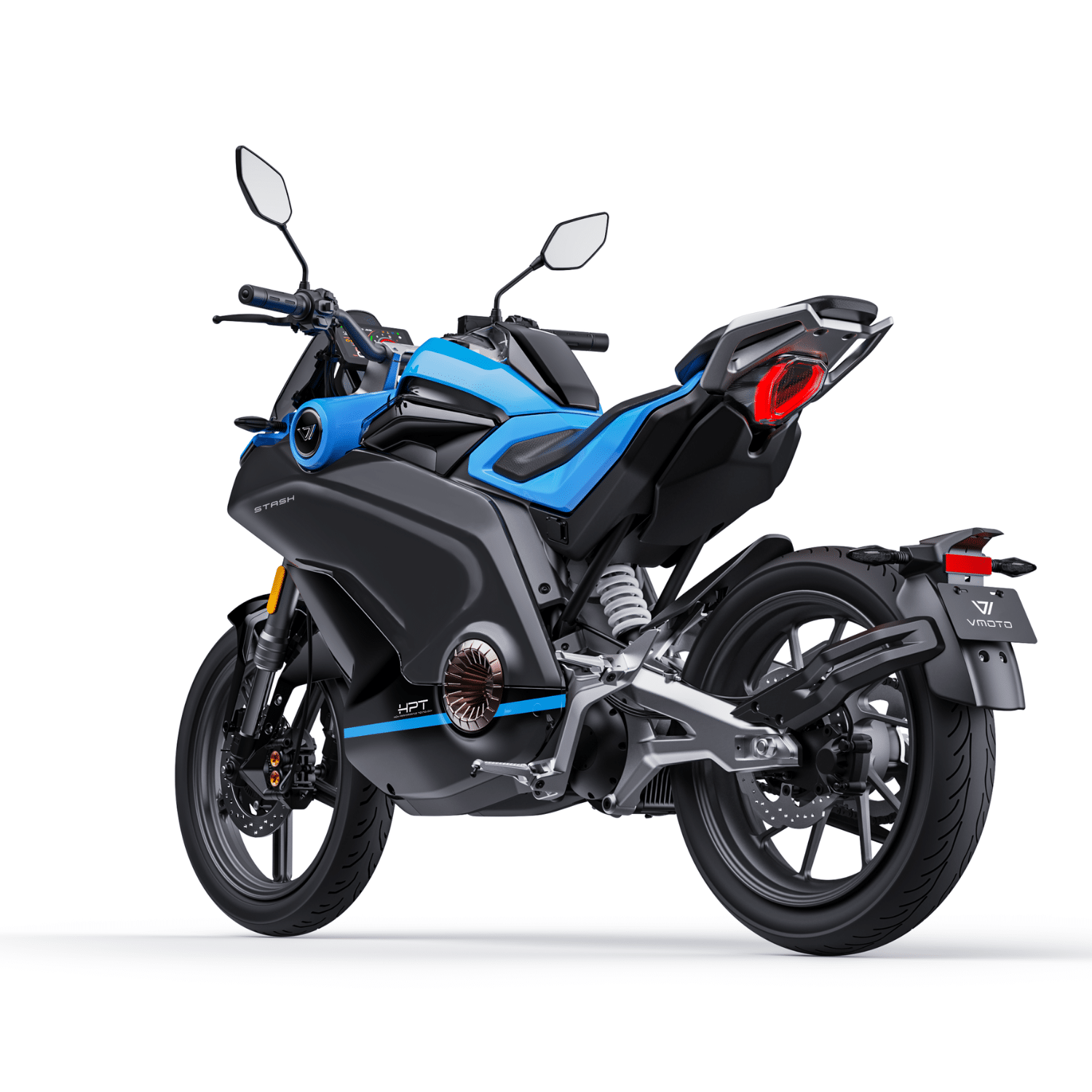 Moto électrique Vmoto Stash bleu 125 cm³ vue arrière gauche, modèle haut de gamme pour trajet urbain et périurbain à Lille