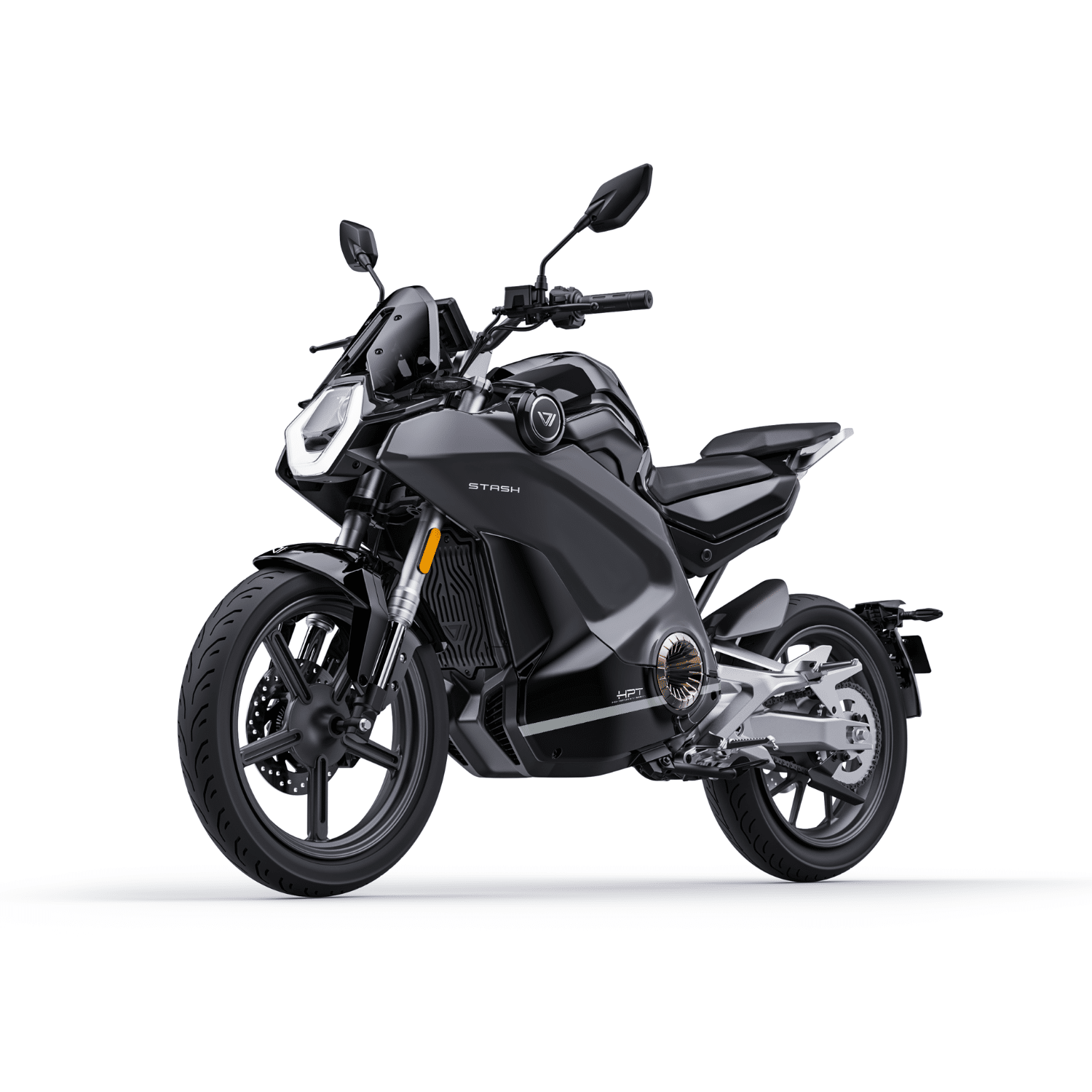 Moto électrique Vmoto Stash noir 125 cm³ vue avant gauche, modèle haut de gamme pour trajet urbain et périurbain à Lille
