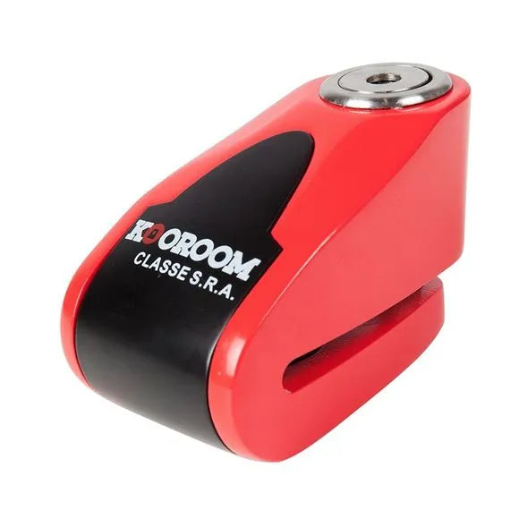 Bloque-disque antivol moto rouge équipé d’une alarme intégrée, conçu pour sécuriser efficacement motos et scooters.