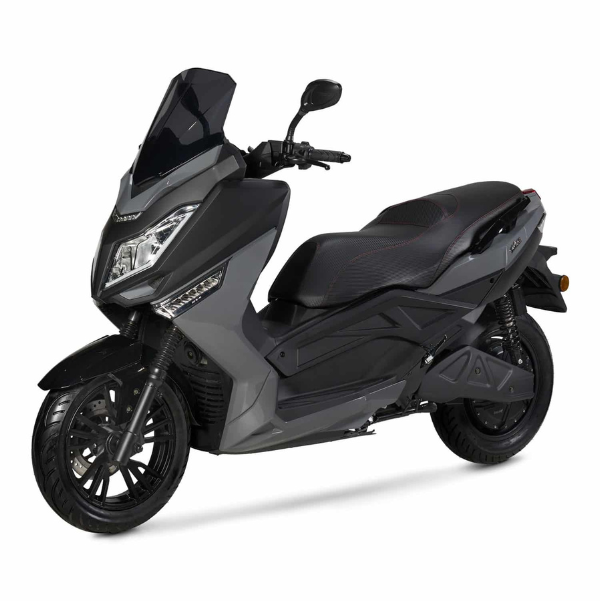 Profil latéral du scooter électrique Pink Fly Phase 3 gris, mettant en avant ses lignes tendues et son gabarit urbain.