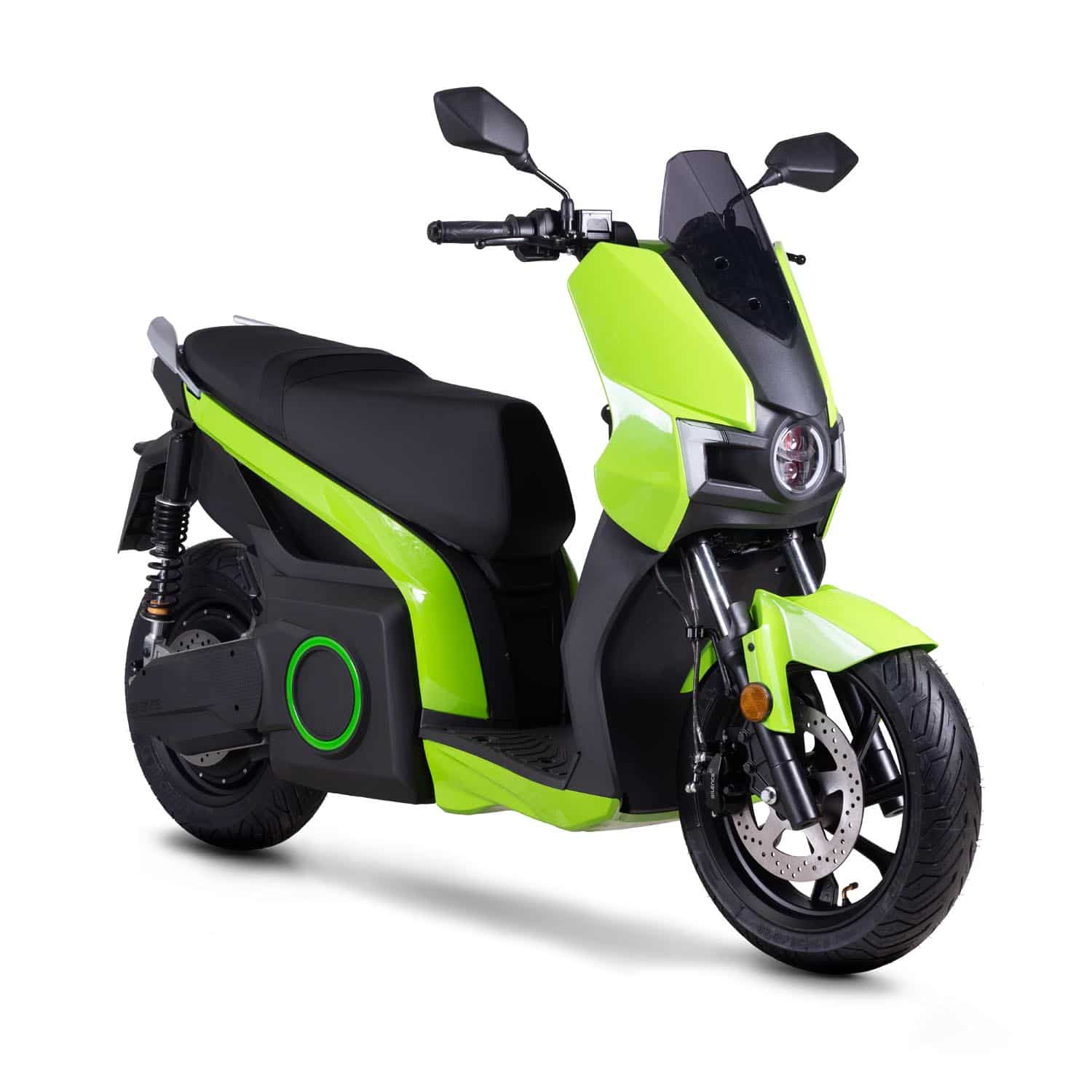 Scooter électrique Silence S01 vert, vue trois quarts face droite, design élégant et dynamique