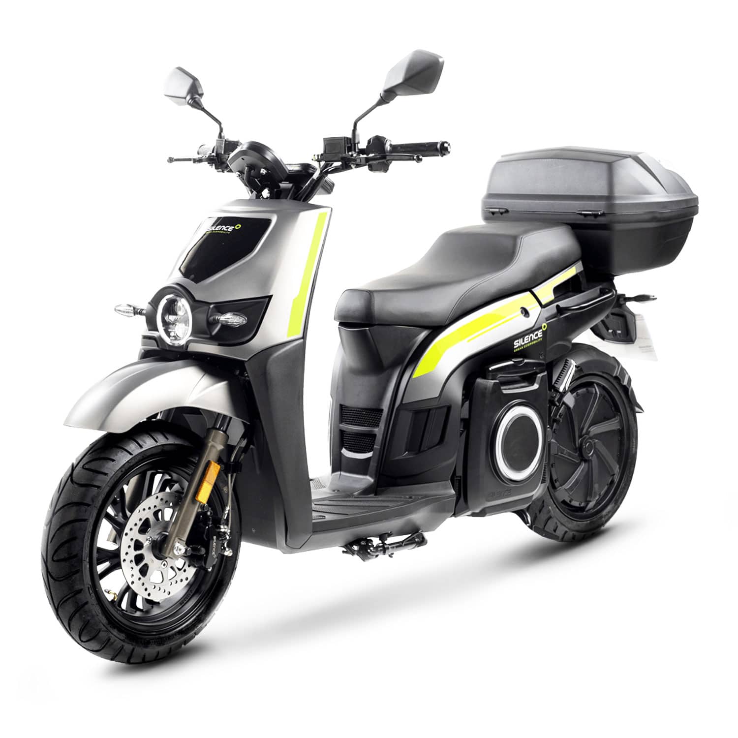 Scooter électrique Silence S02 L1E vert 50 cm³, modèle urbain maniable trois quart face