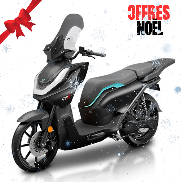 Scooter électrique Vmoto CPX Explorer 125cm³ noir, équipé de deux batteries amovibles, moteur 7 kW, freinage ABS, écran TFT et jantes 16 pouces, idéal pour trajets urbains et périurbains connectés