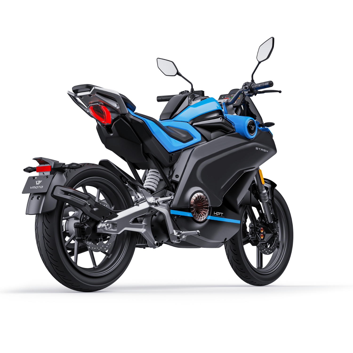 Moto électrique Vmoto Stash bleu 125 cm³ vue arrière droit, modèle haut de gamme pour trajet urbain et périurbain à Lille