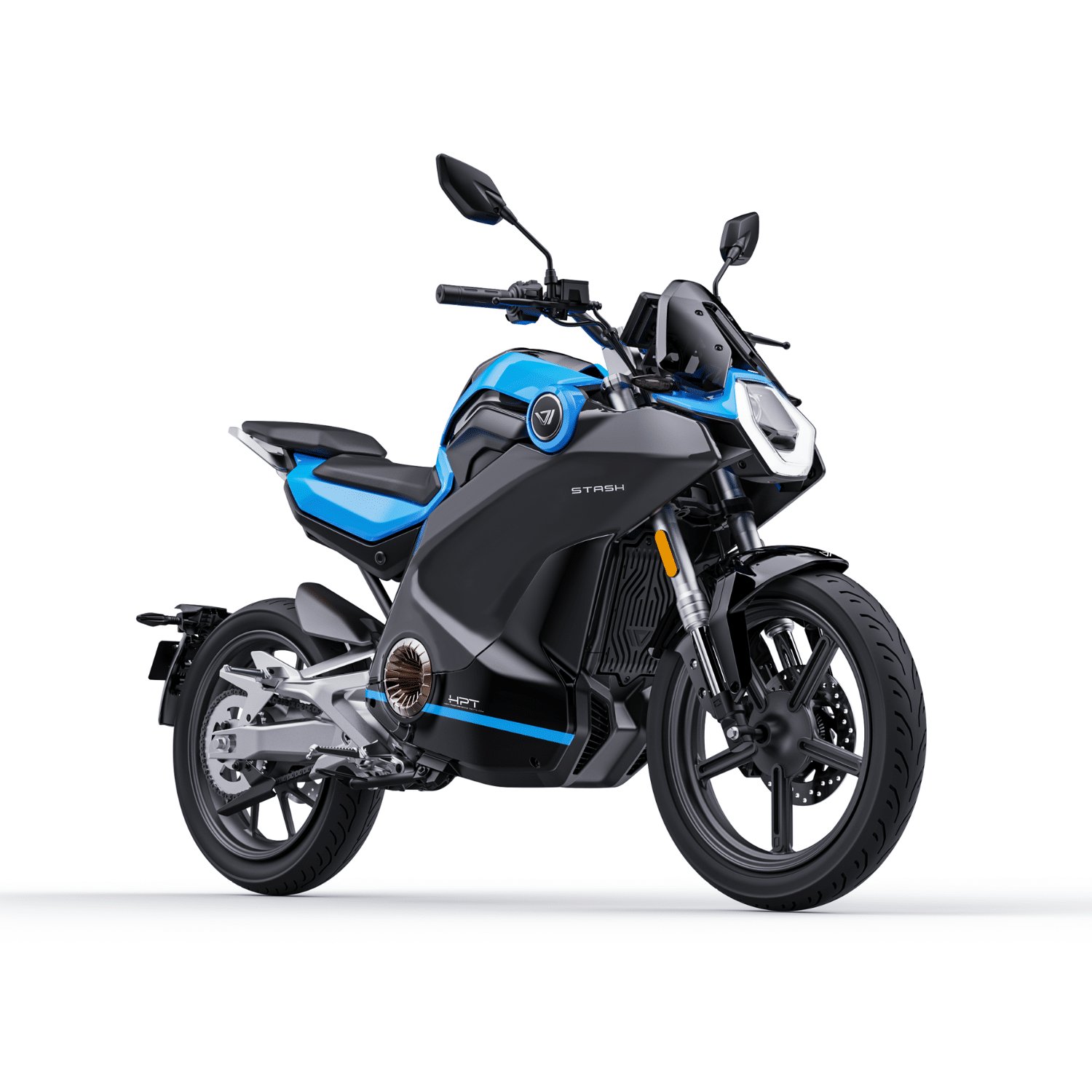 Moto électrique Vmoto Stash bleu 125 cm³ vue avant droit, modèle haut de gamme pour trajet urbain et périurbain à Lille