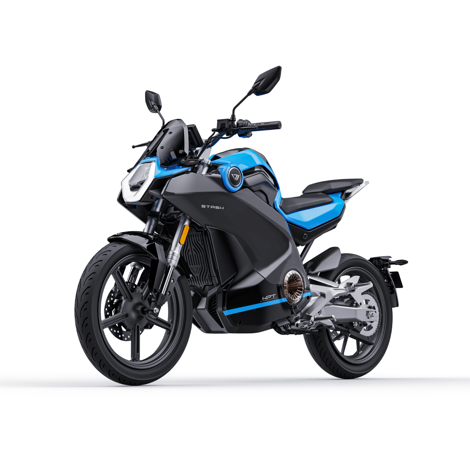 Moto électrique Vmoto Stash bleu 125 cm³ vue avant gauche, modèle haut de gamme pour trajet urbain et périurbain à Lille
