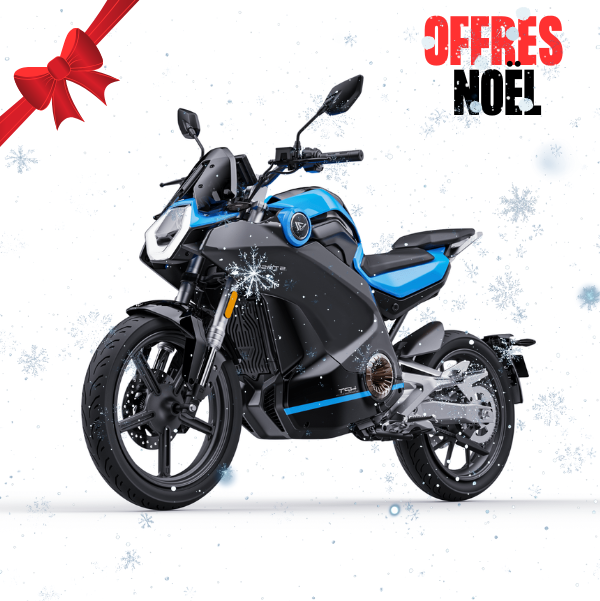 Moto électrique Vmoto Stash bleu 125 cm³ vue avant droit, modèle haut de gamme pour trajet urbain et périurbain à Lille en promotion noel