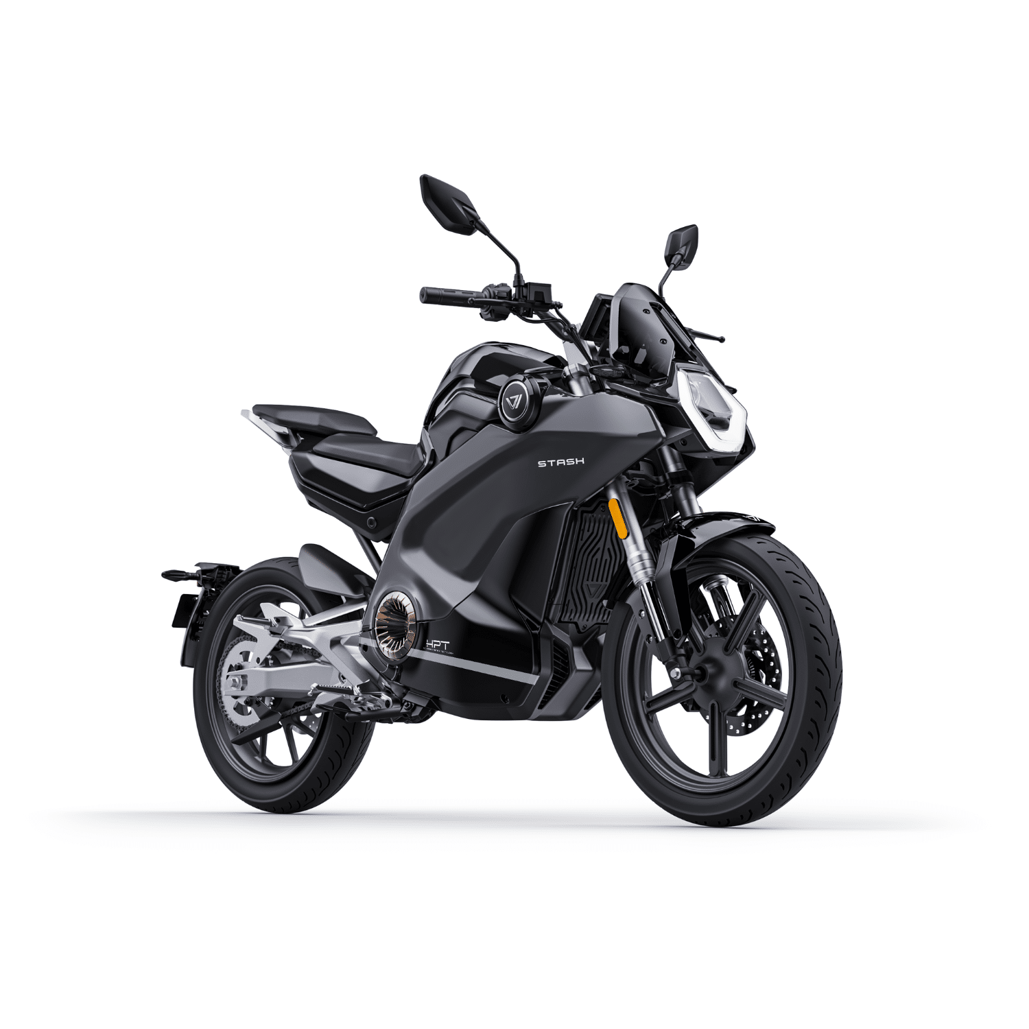 Moto électrique Vmoto Stash noir 125 cm³ vue avant droit, modèle haut de gamme pour trajet urbain et périurbain à Lille