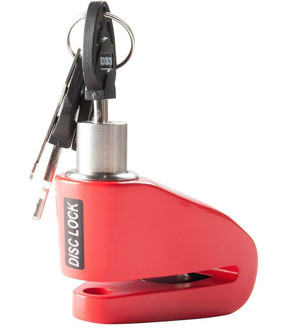 Bloque-disque antivol moto livré avec ses clés, compact et facile à transporter sous la selle.
