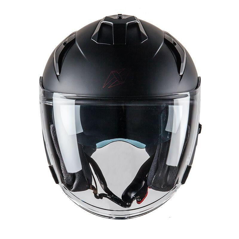 Vue avant du casque jet Dexter Soddy offrant un large champ de vision et une excellente visibilité en ville.