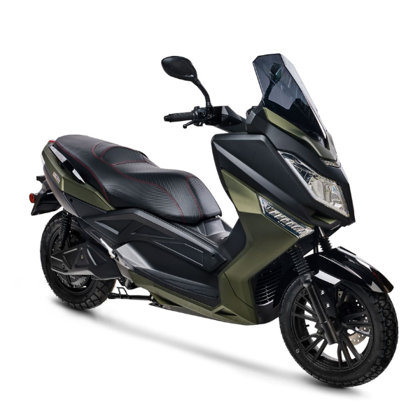 Pink Fly Phase 3 en coloris kaki. Scooter électrique 125 cc au style moderne et urbain, idéal pour les trajets quotidiens.