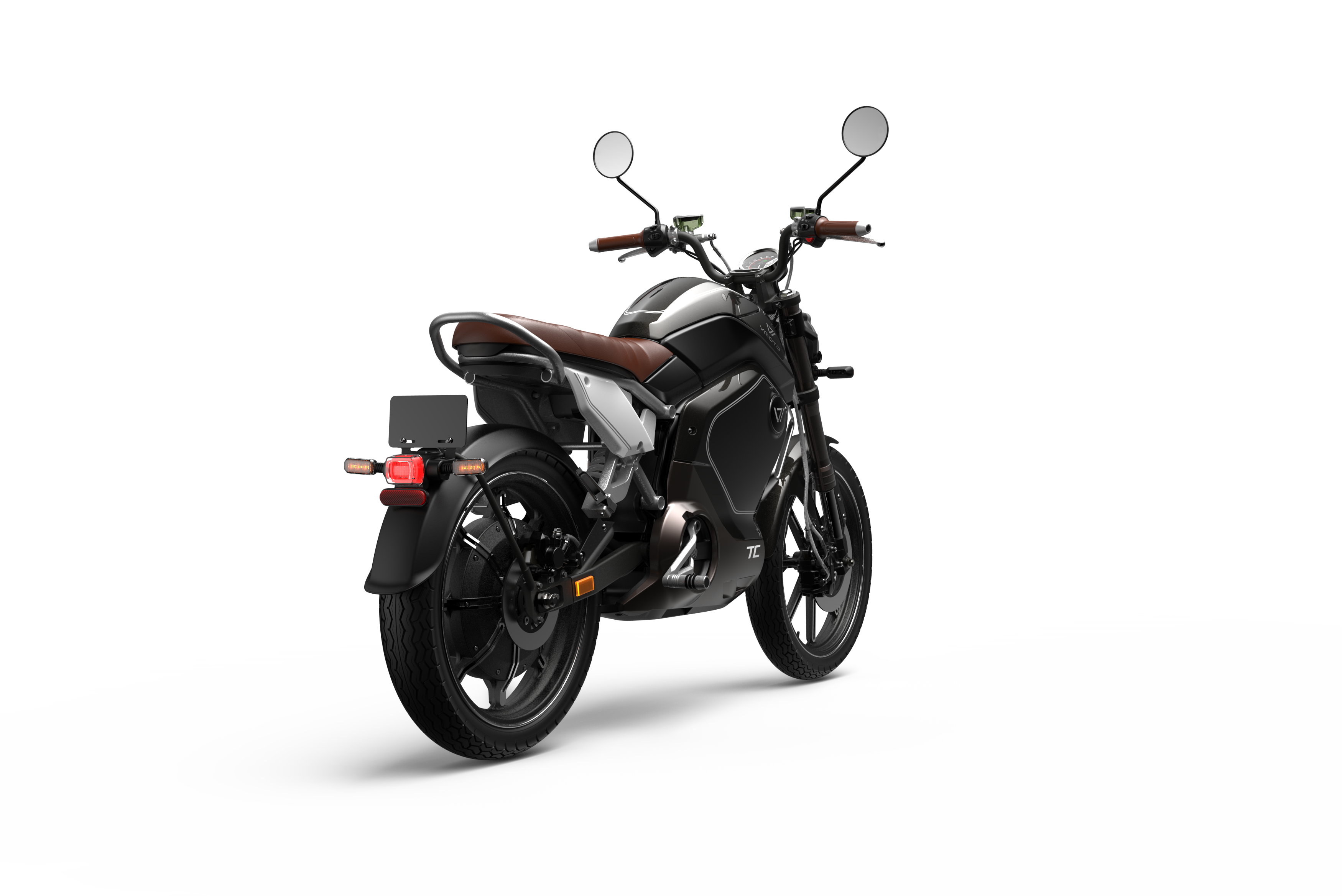 Scooter électrique Super Soco TC noir, vue de derrière latérale, design sportif