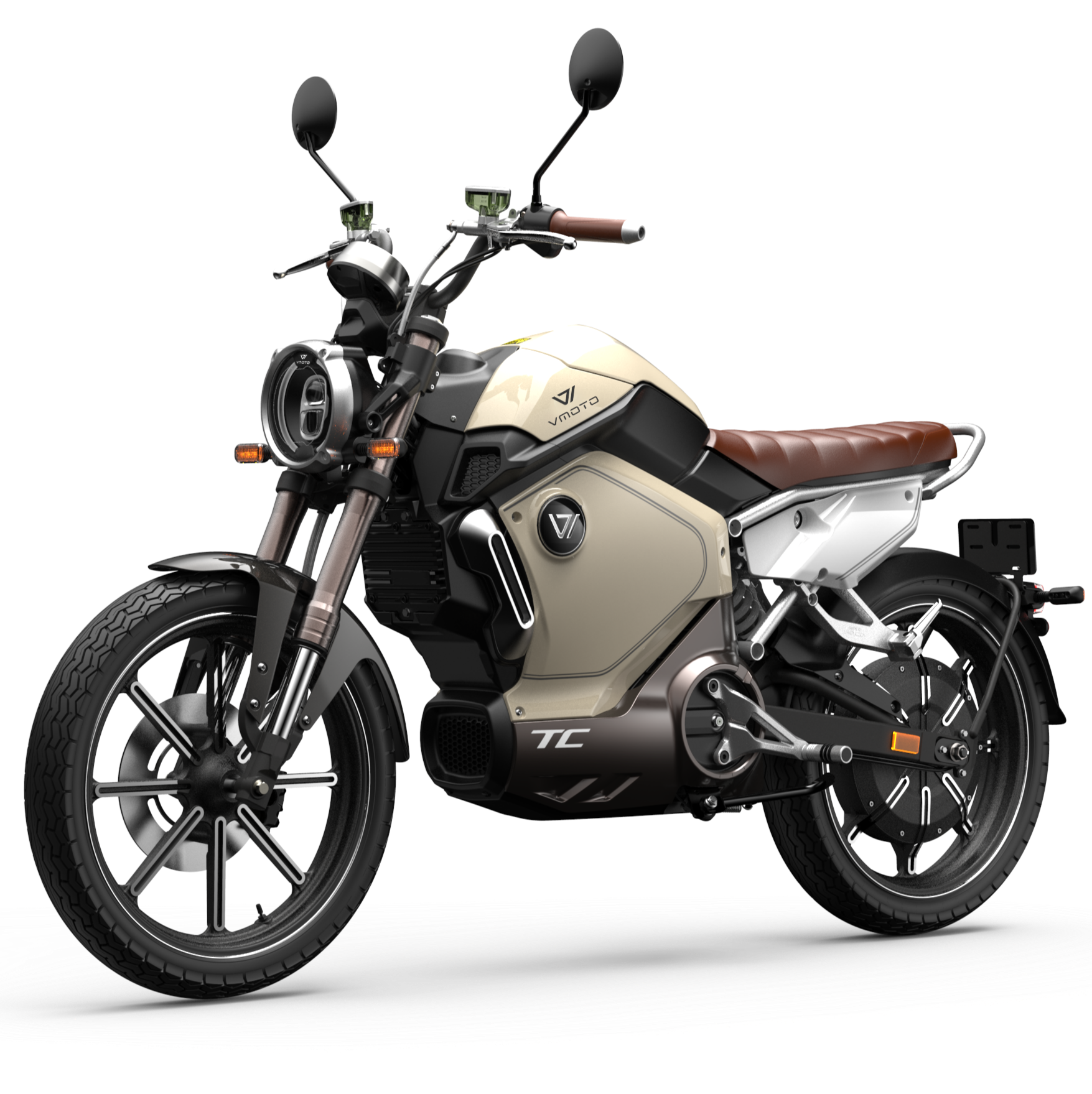 Scooter électrique Super Soco TC beige, vue latérale, design sportif