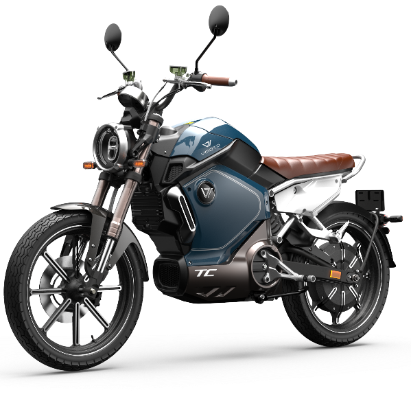 Scooter électrique Super Soco TC bleu, vue latérale, design sportif