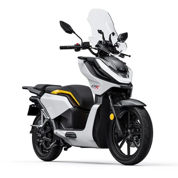Scooter électrique Vmoto CPX Explorer 125cm³ blanc, équipé de deux batteries amovibles, moteur 7 kW, freinage ABS, écran TFT et jantes 16 pouces, idéal pour trajets urbains et périurbains connectés